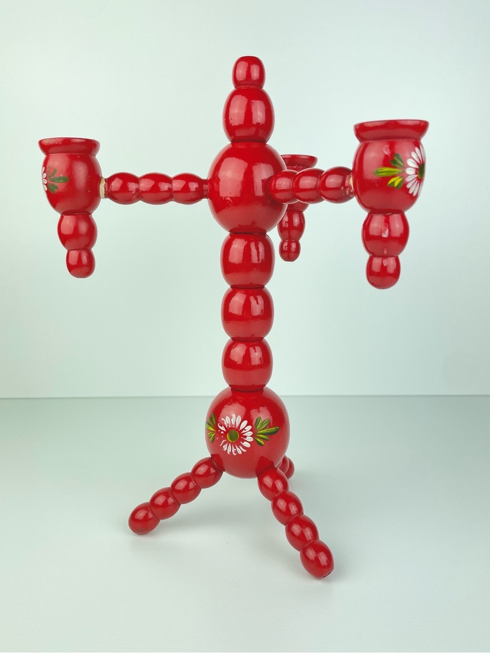 VTG Swedish 3 Armed Red Floral Candelabra Scandinavian Folk Art Candleholder - Picture 4 of 16